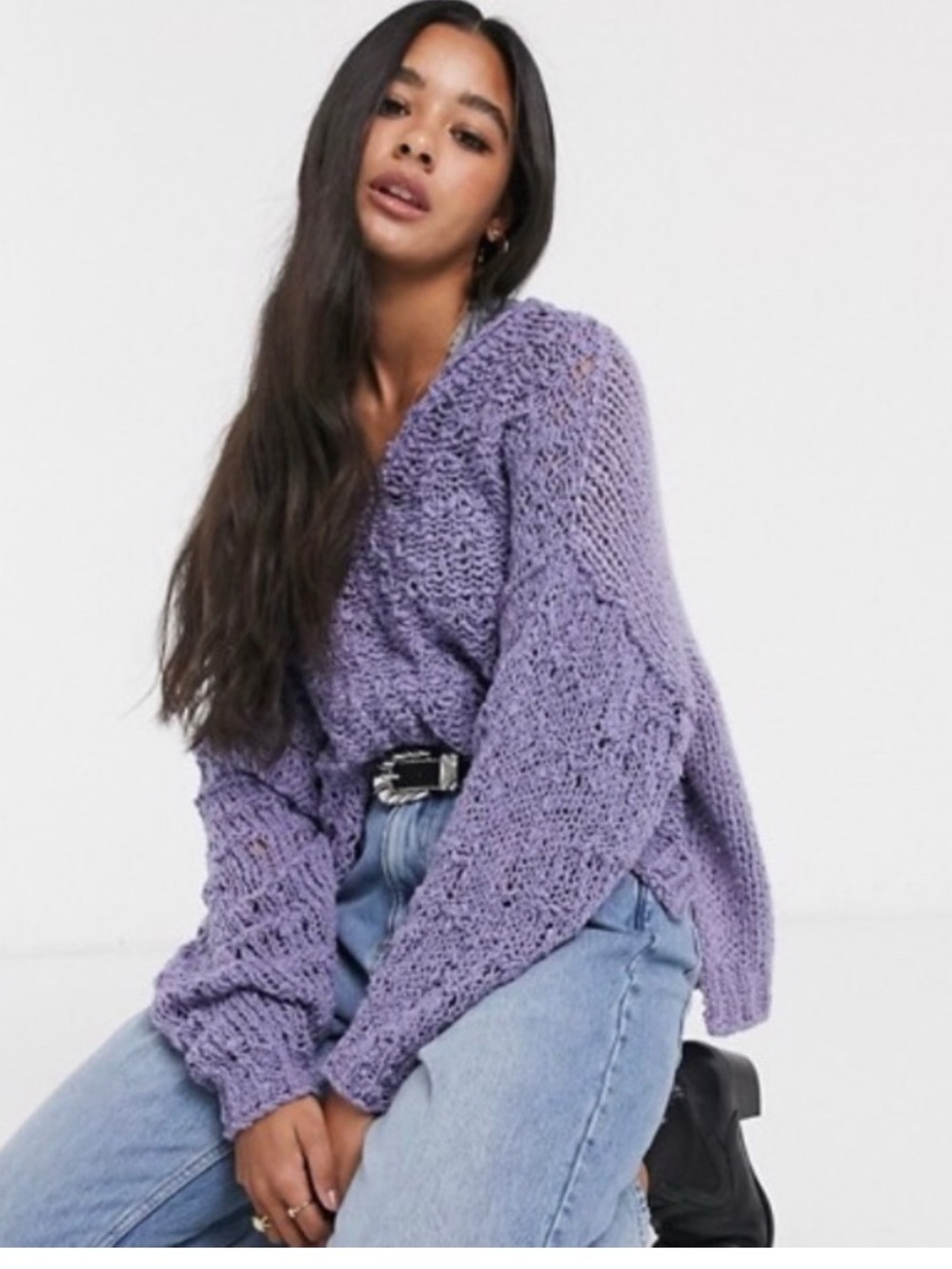 Free People "Sunday Shore" Open Knit Pullover Sweater Size L Chic Boho Cozy 90s
